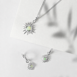 Sterling Silver Solar Eclipse Necklace and Earrings Gift Set, Silver Opal Sun Necklace and Earrings, Opal Sun Necklace, Opal Sun Huggie Hoop Earrings, October Birthstone Necklace and Earrings