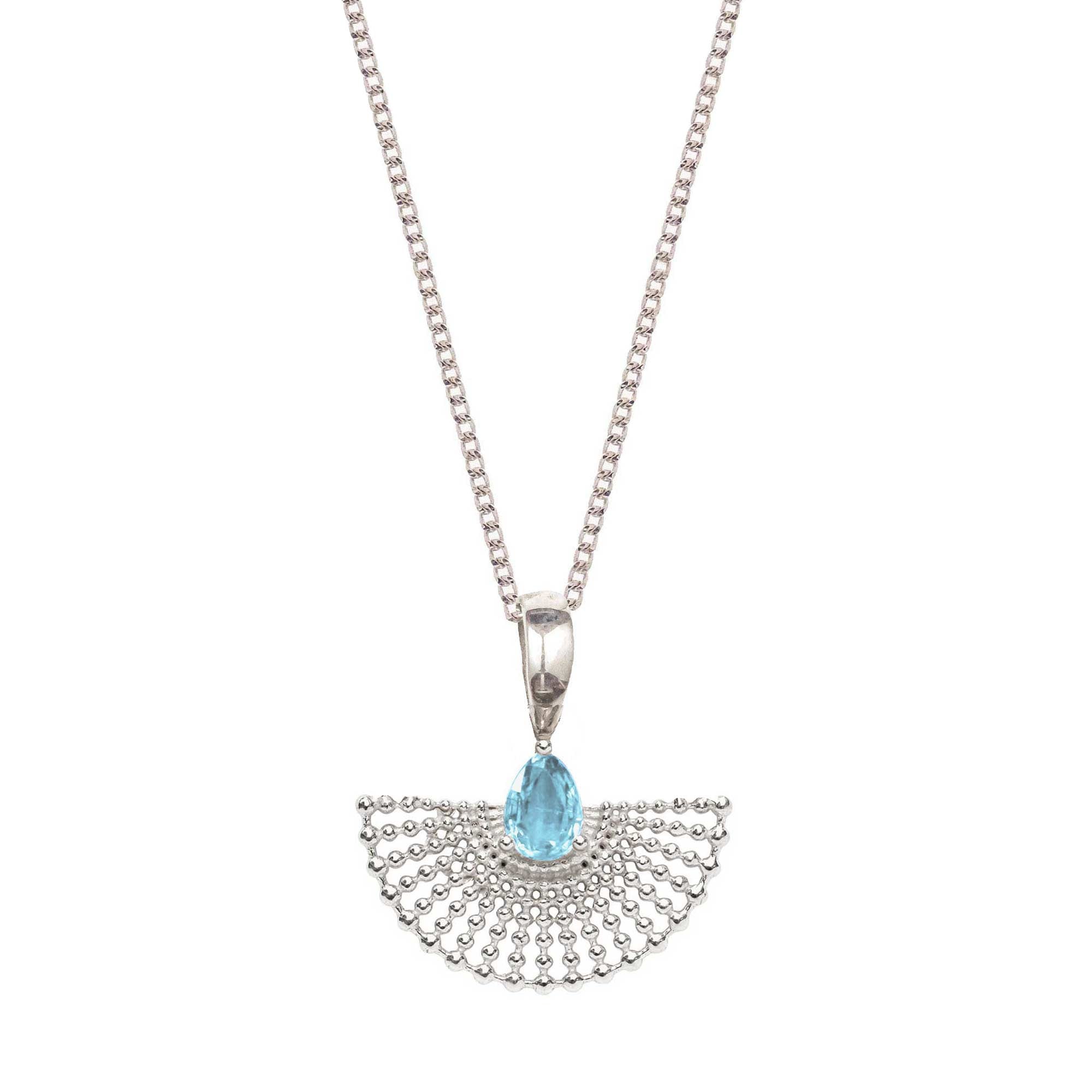 Silver Fan Necklace, Blue Topaz Fan Necklace, November Birthstone Necklace, Delicate Silver Fan Necklace
