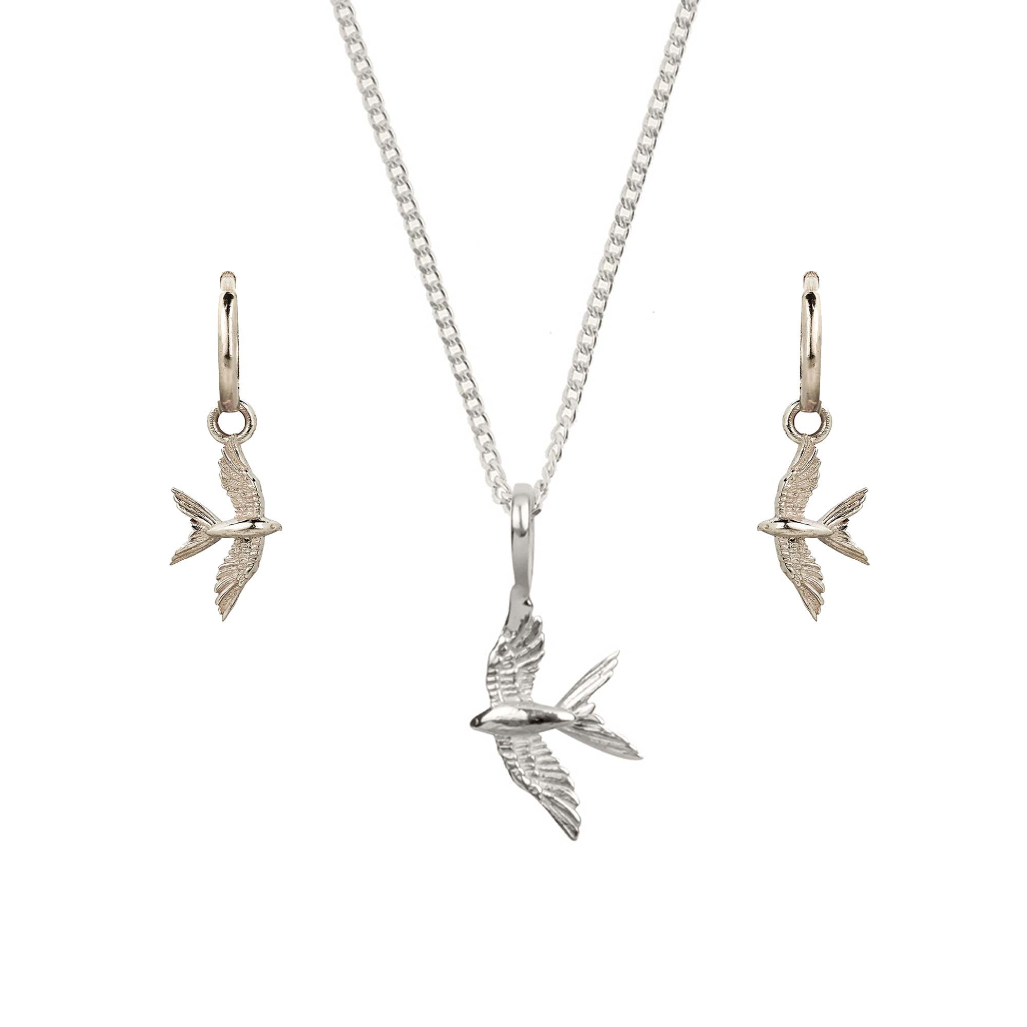 Silver Swallow In Flight Necklace and Huggie Hoop Earrings Set