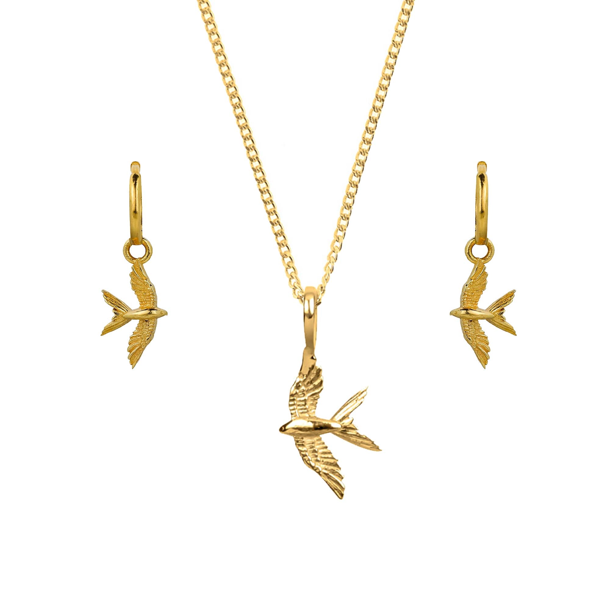 Swallow in Flight gold necklace and earring set