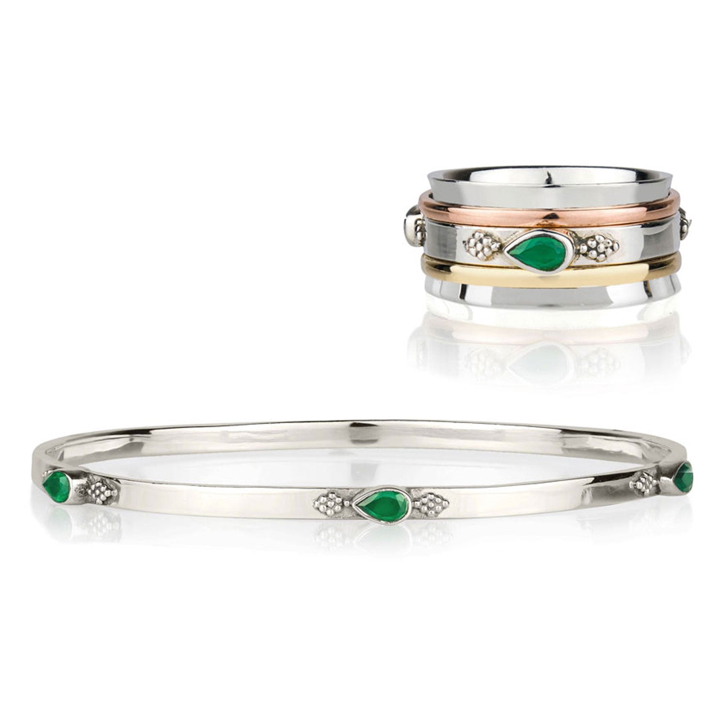 Green Onyx Mixed Metal Spinning Ring and Green Onyx Silver Stacking Bangle