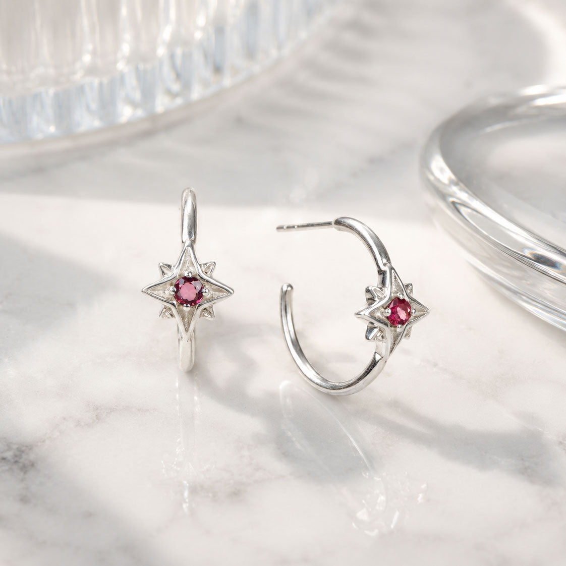Silver Star Earrings with Garnet Centre, Silver Star Hoops, Silver Star Earrings, January Birthstone Star Earrings