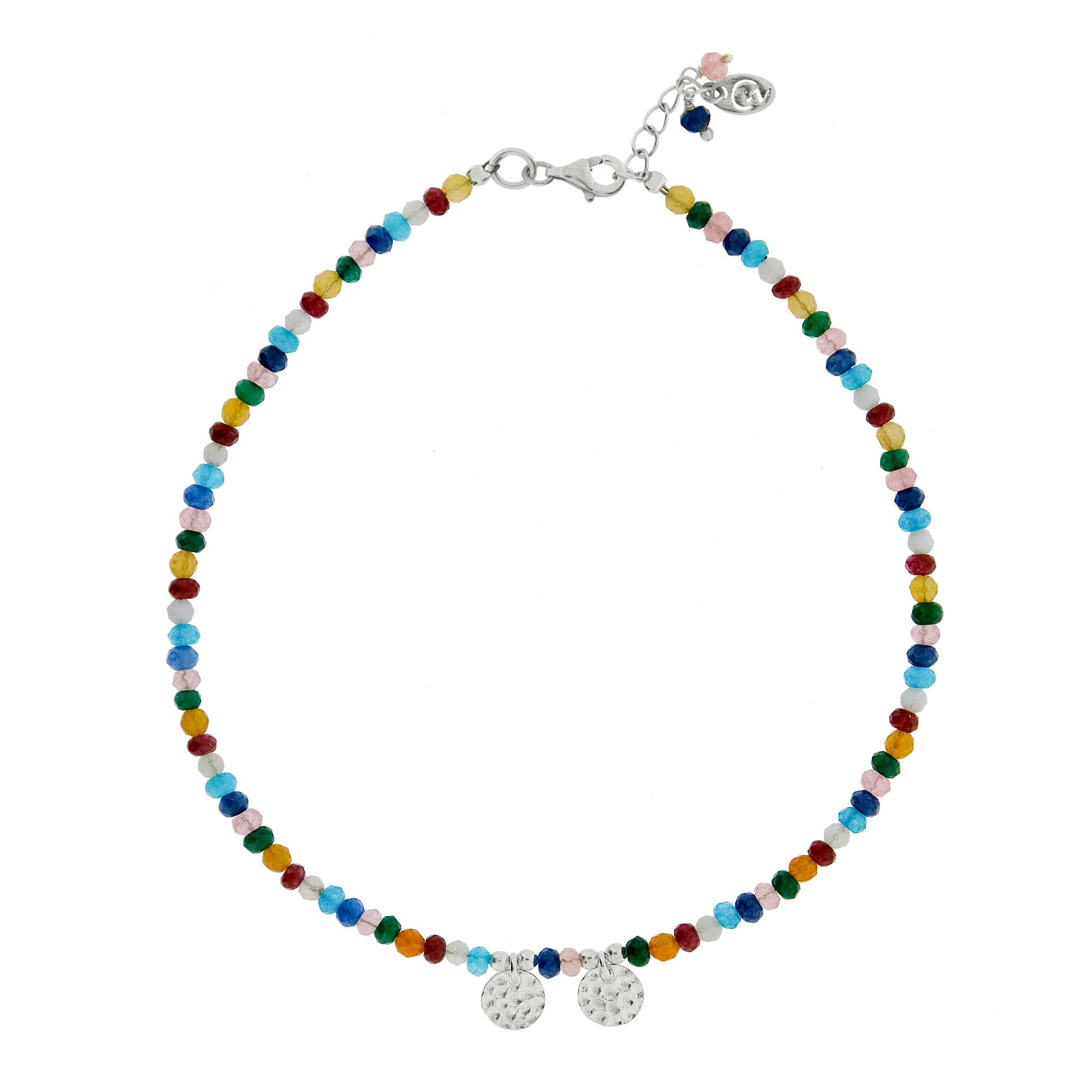 Mutli-coloured quartz silver disc anklet