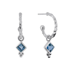 Silver Hammered Earrings, London Blue topaz Hoops