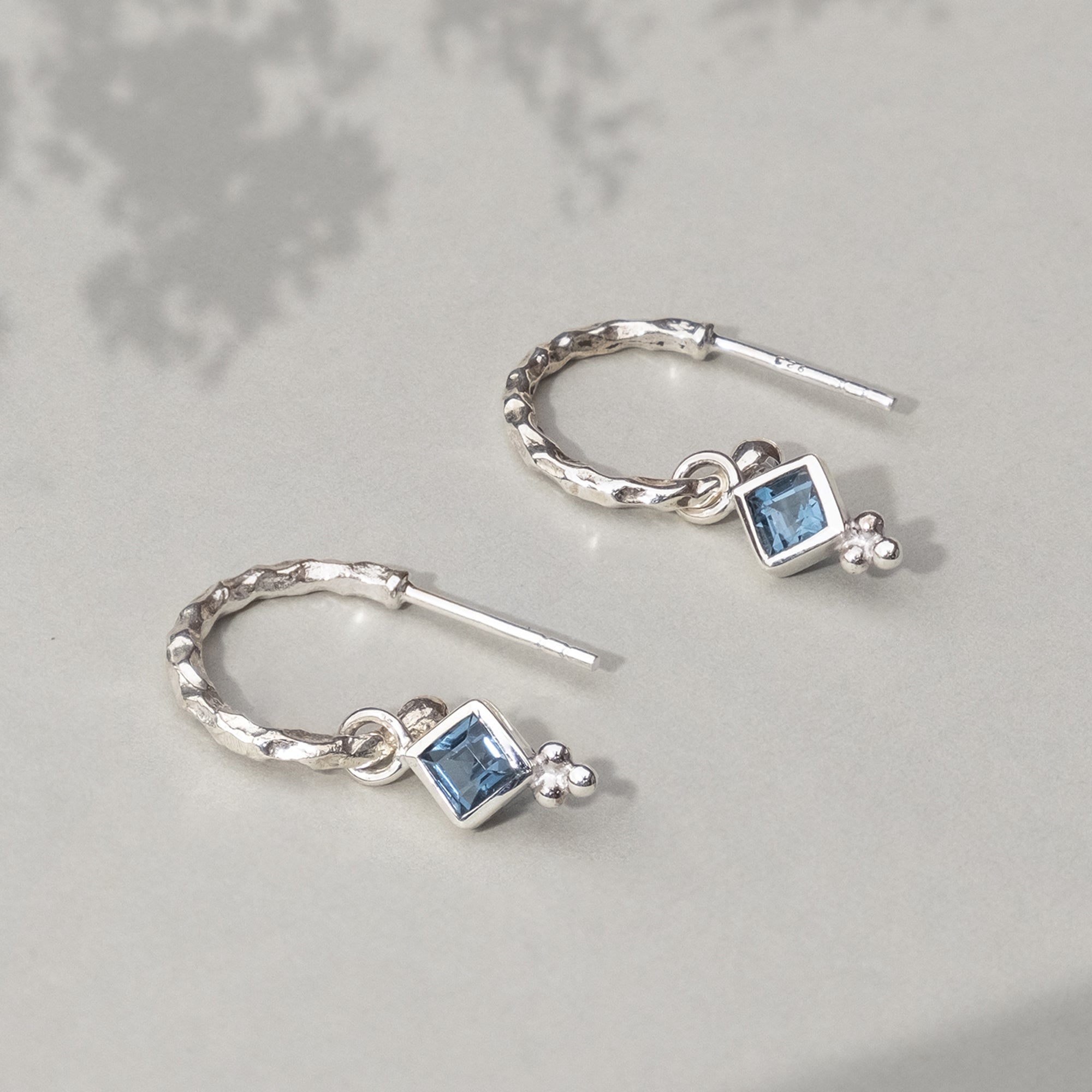 Silver Earrings, Blue Topaz Hoops, November Birthstone