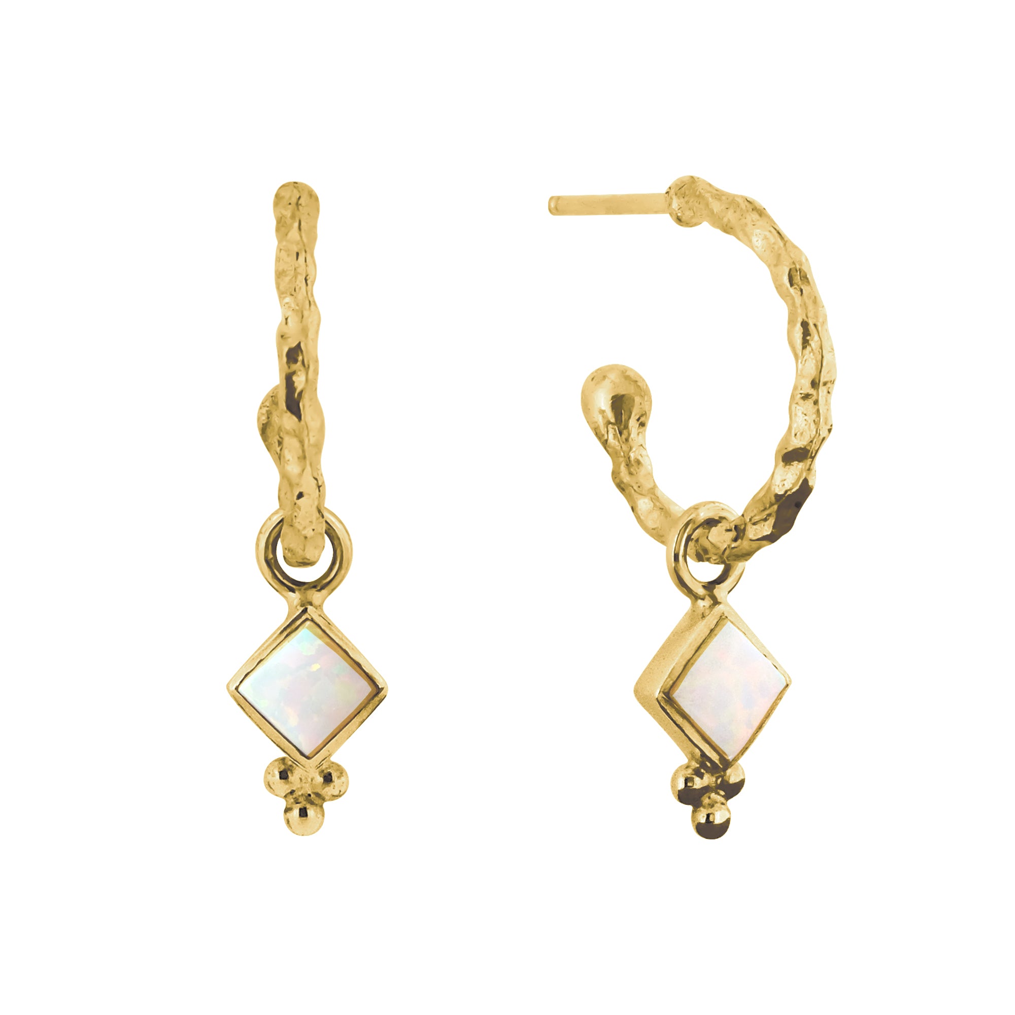 Gold Vermeil Opal Hoops, Hammered Earrings