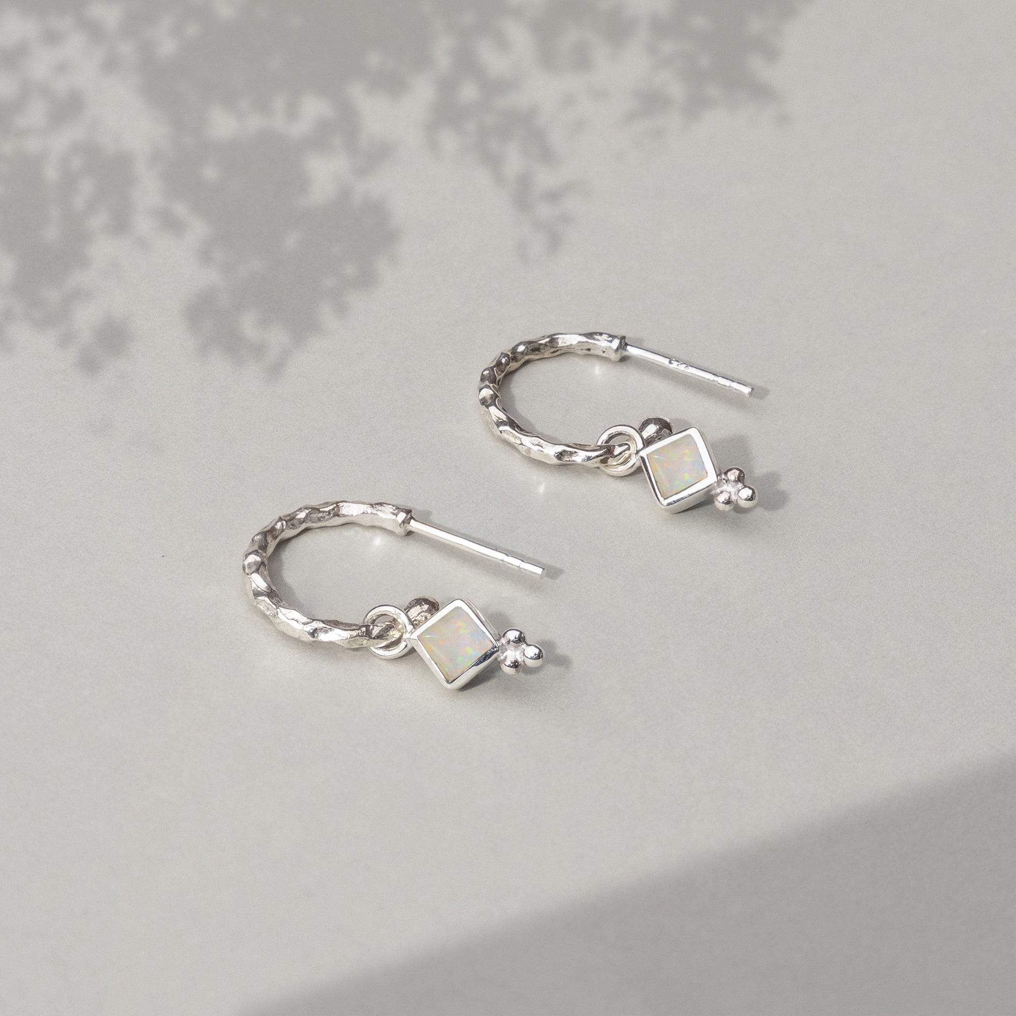 Opal Earrings, Silver Hoops, October Birthstone
