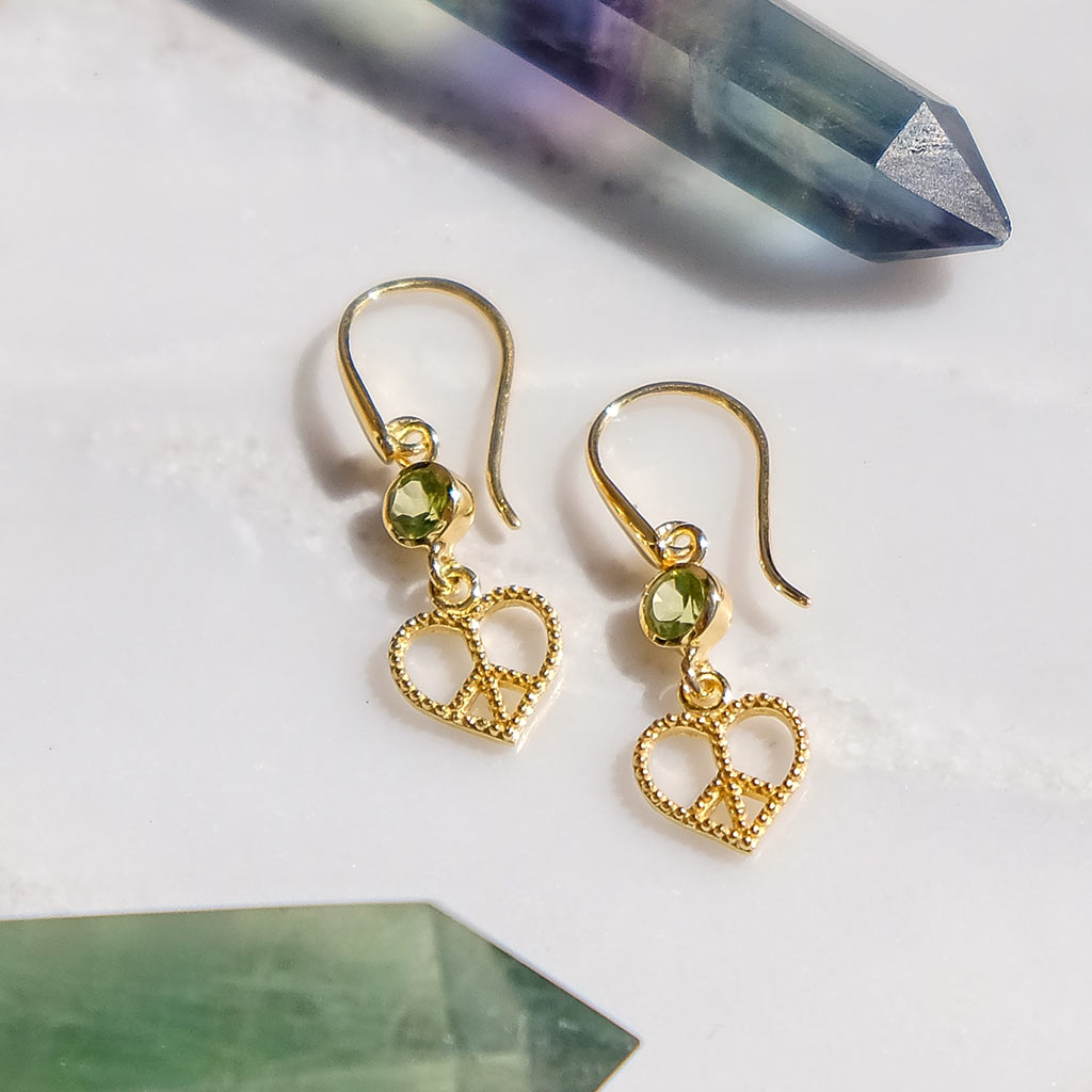 Peace Heart Peridot Gold Drop Earrings