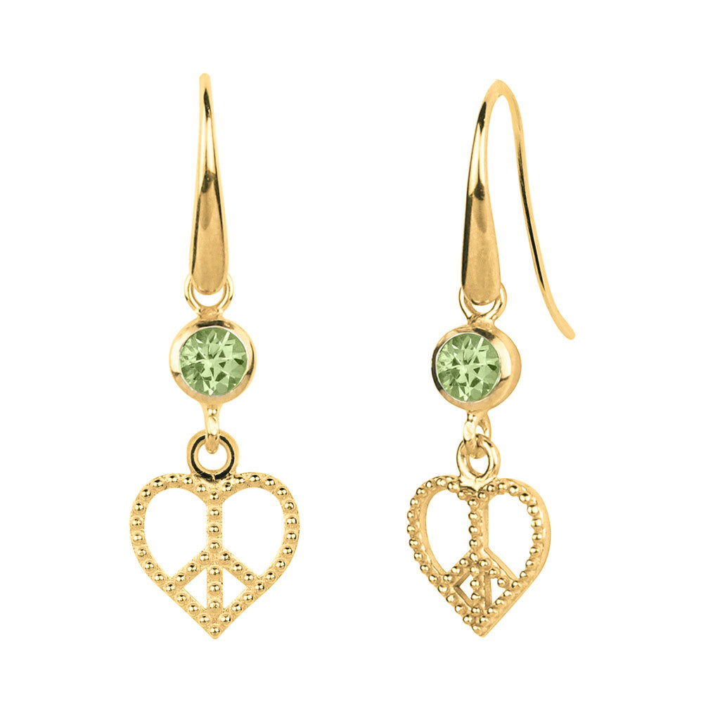 Peace Heart Peridot Gold Drop Earrings
