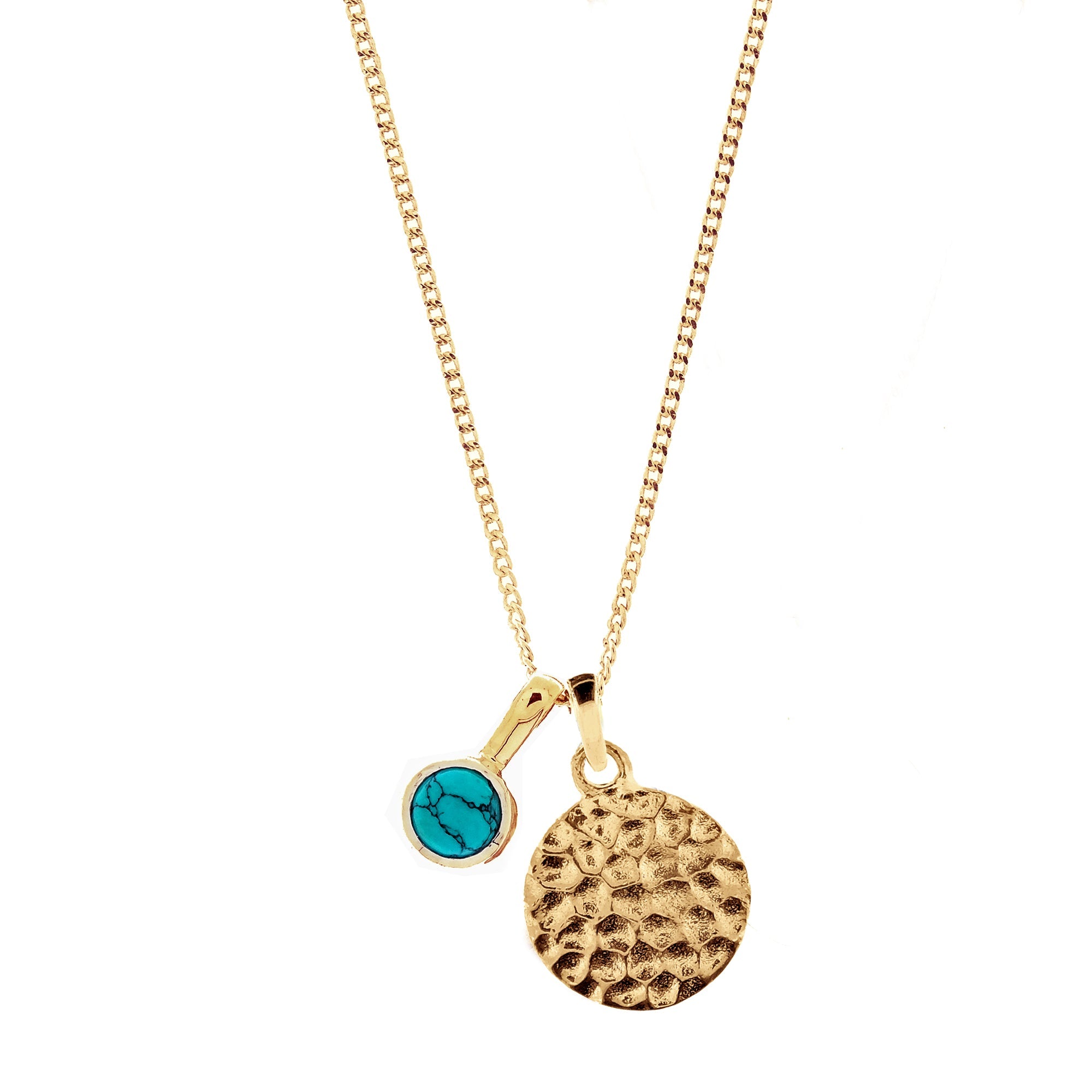 LAKSHMI HAMMERED DISC GOLD NECKLACE WITH TURQUOISE CHARM