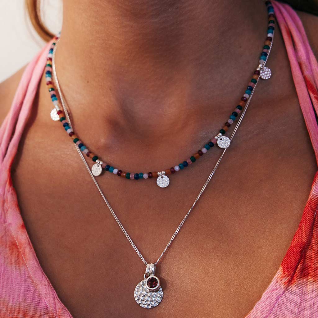 Multi coloured bead silver necklace