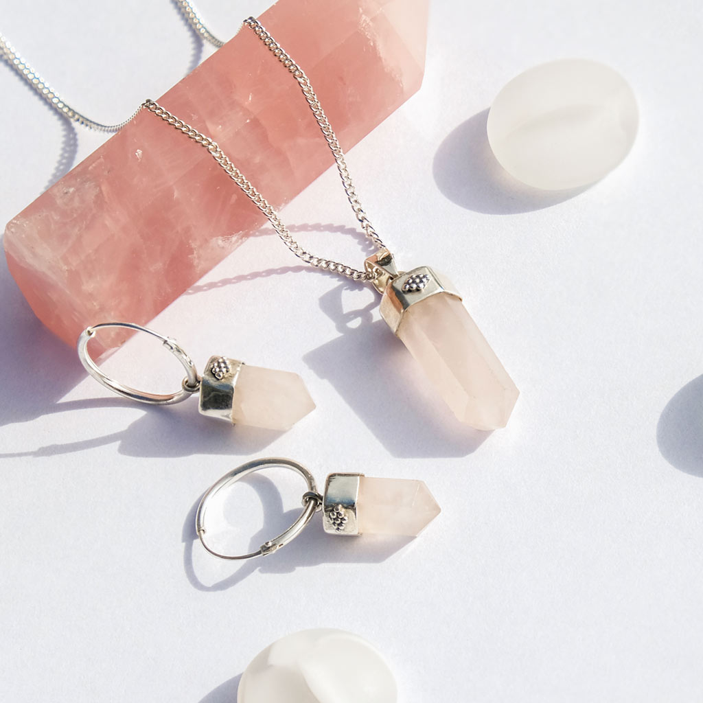 Rose Quartz Bullet Necklace and Earrings