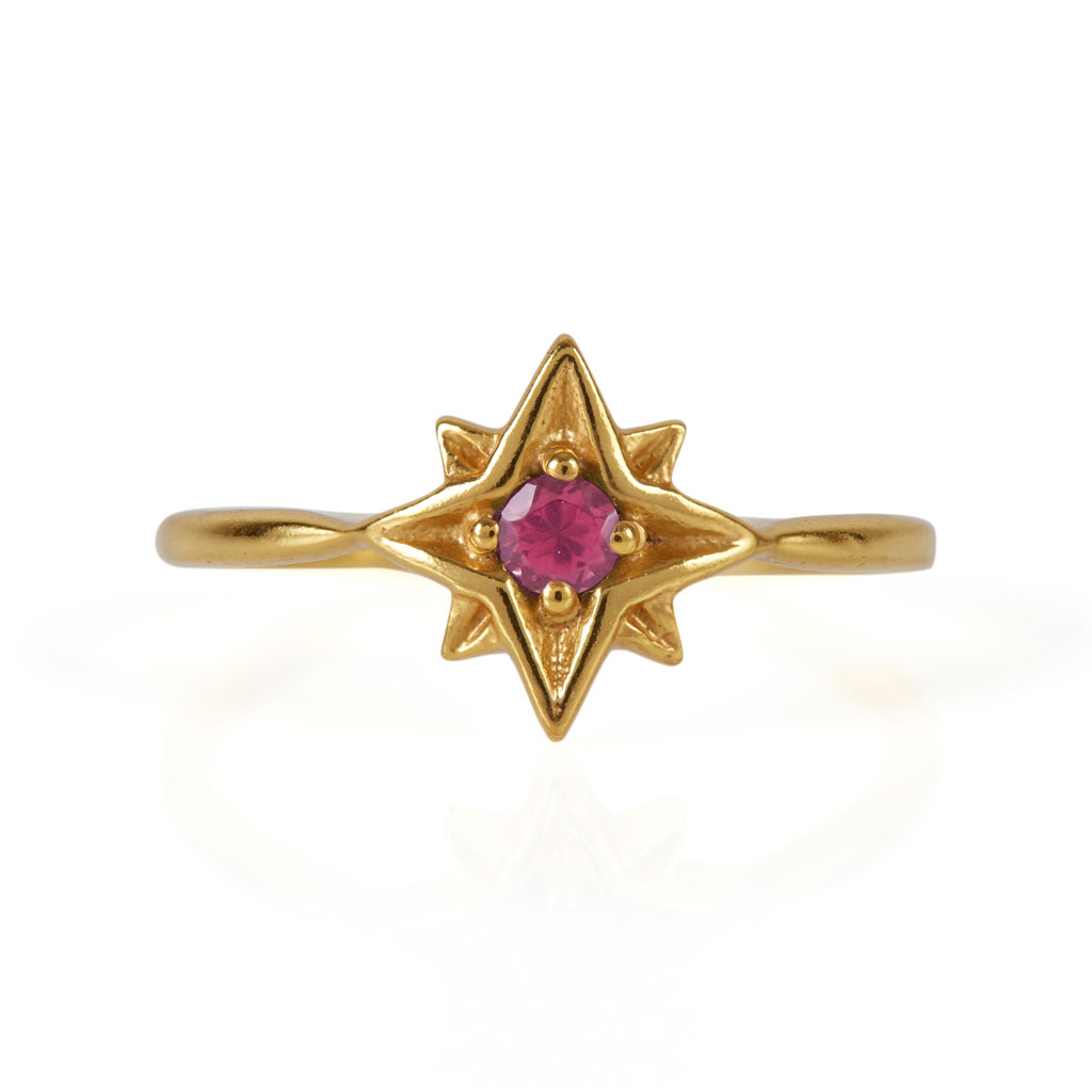 Gold Guiding North Star Ring with rhodolite